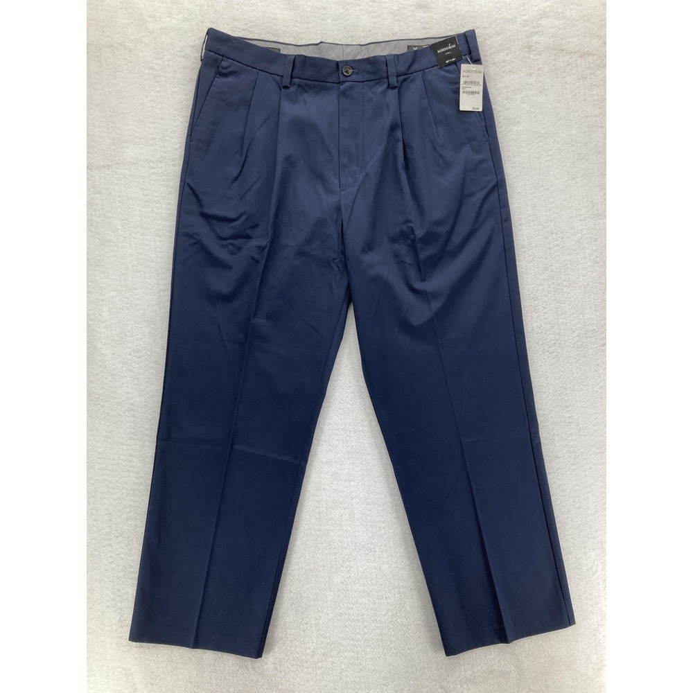 Nordstrom Pants Mens 38x30 Navy Wrinkle-Free Smartcare Pleated Chino Dress Blue